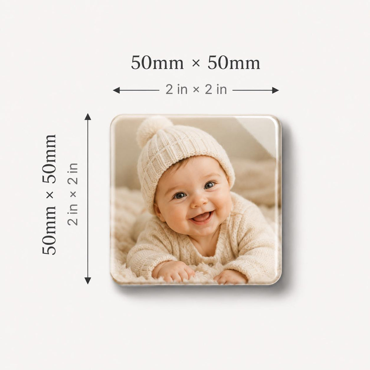 Size guide for the 50 x 50 mm (2 x 2 inch) custom photo fridge magnet