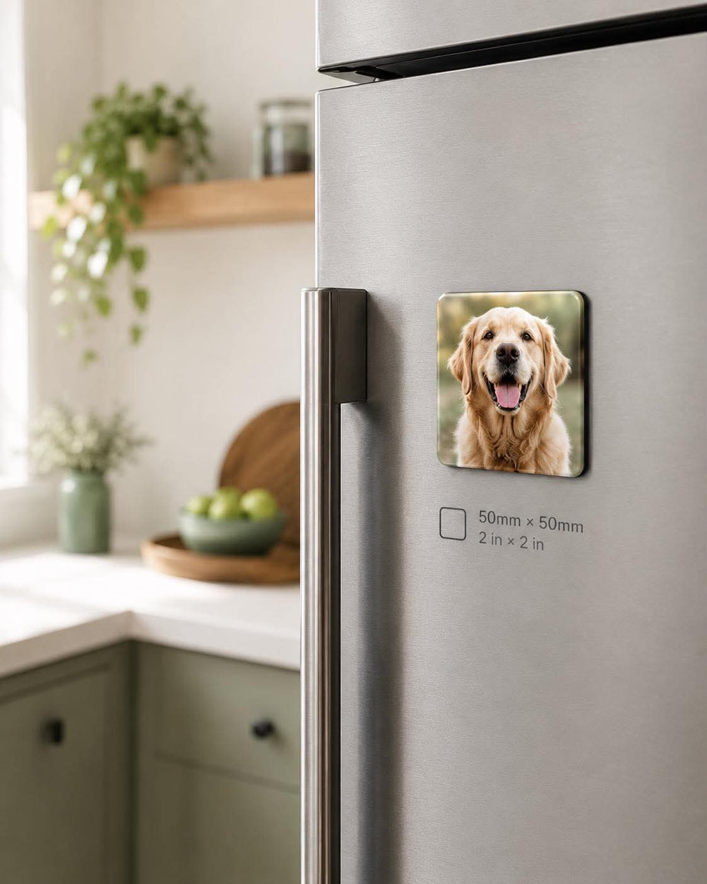 50 x 50 mm custom photo fridge magnet of a golden retriever on a stainless steel fridge door