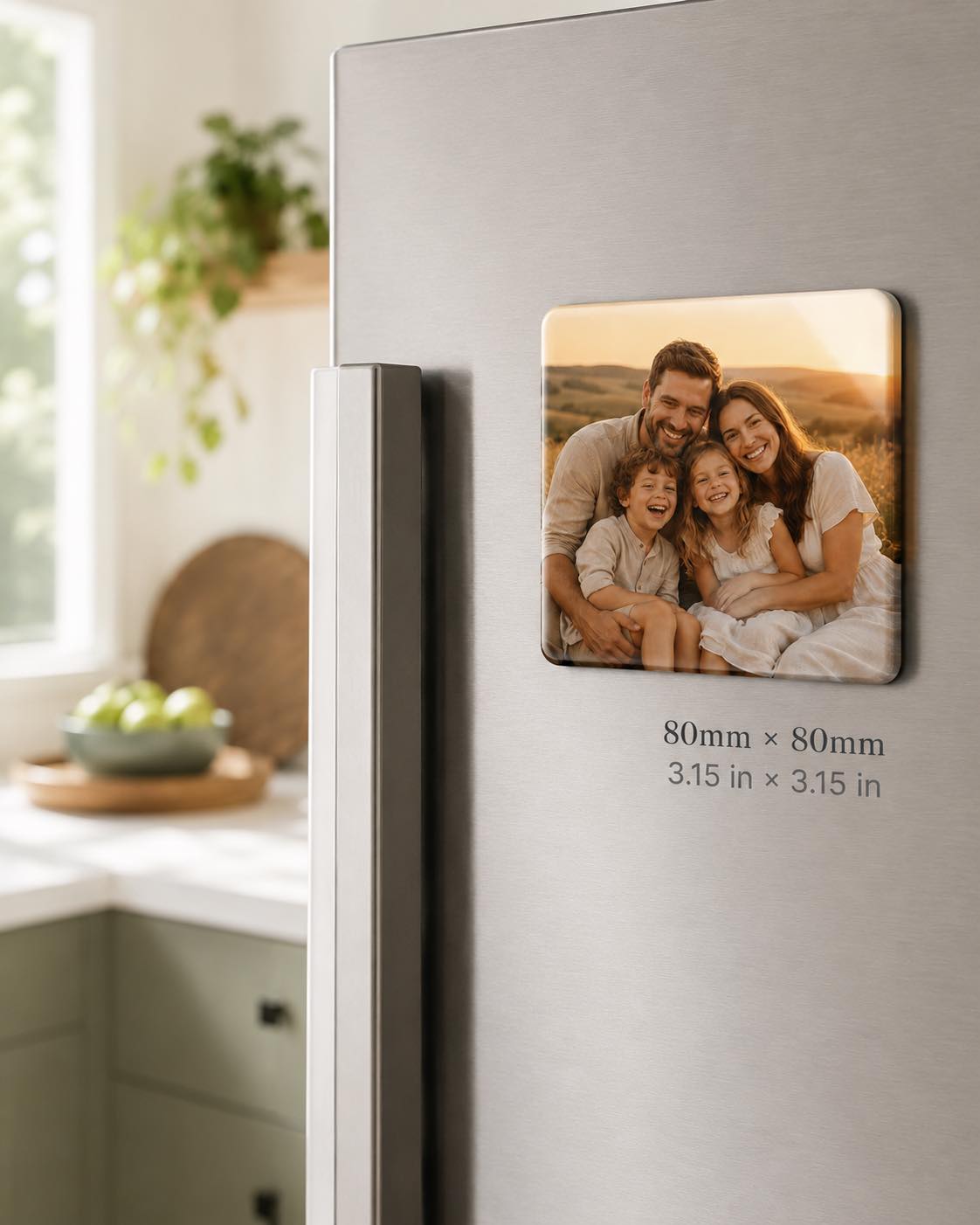 80 x 80 mm custom photo fridge magnet showing a family portrait, on a stainless steel fridge door