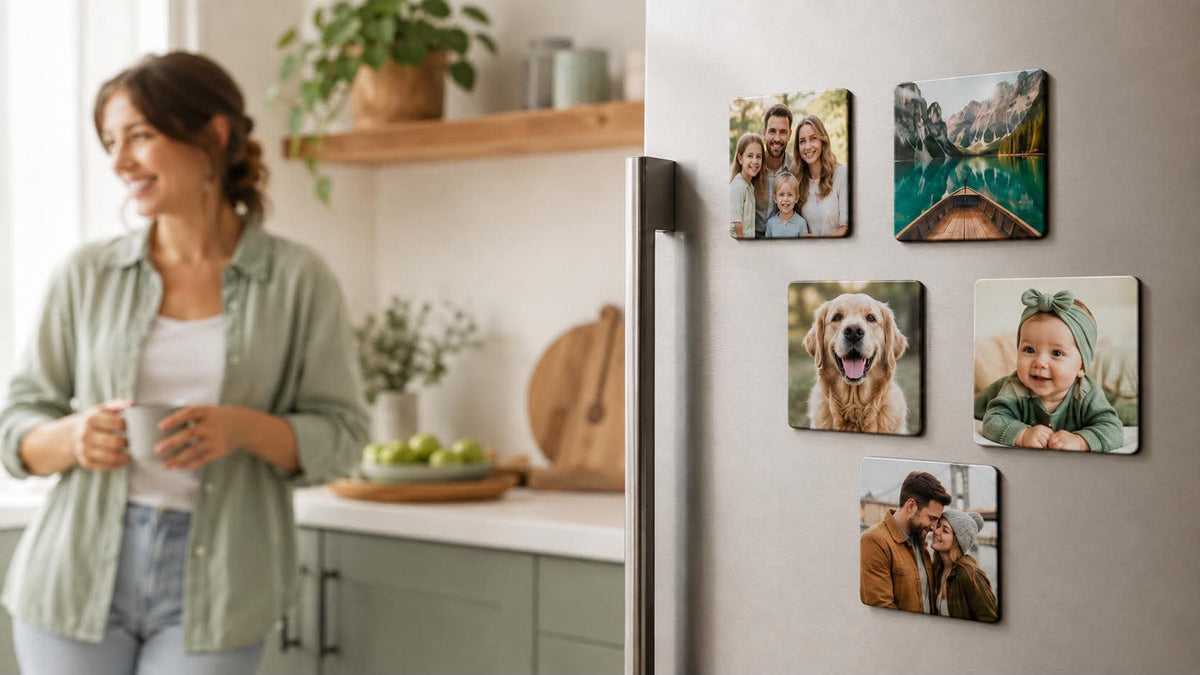 Woman in a modern kitchen beside a fridge displaying five custom photo magnets