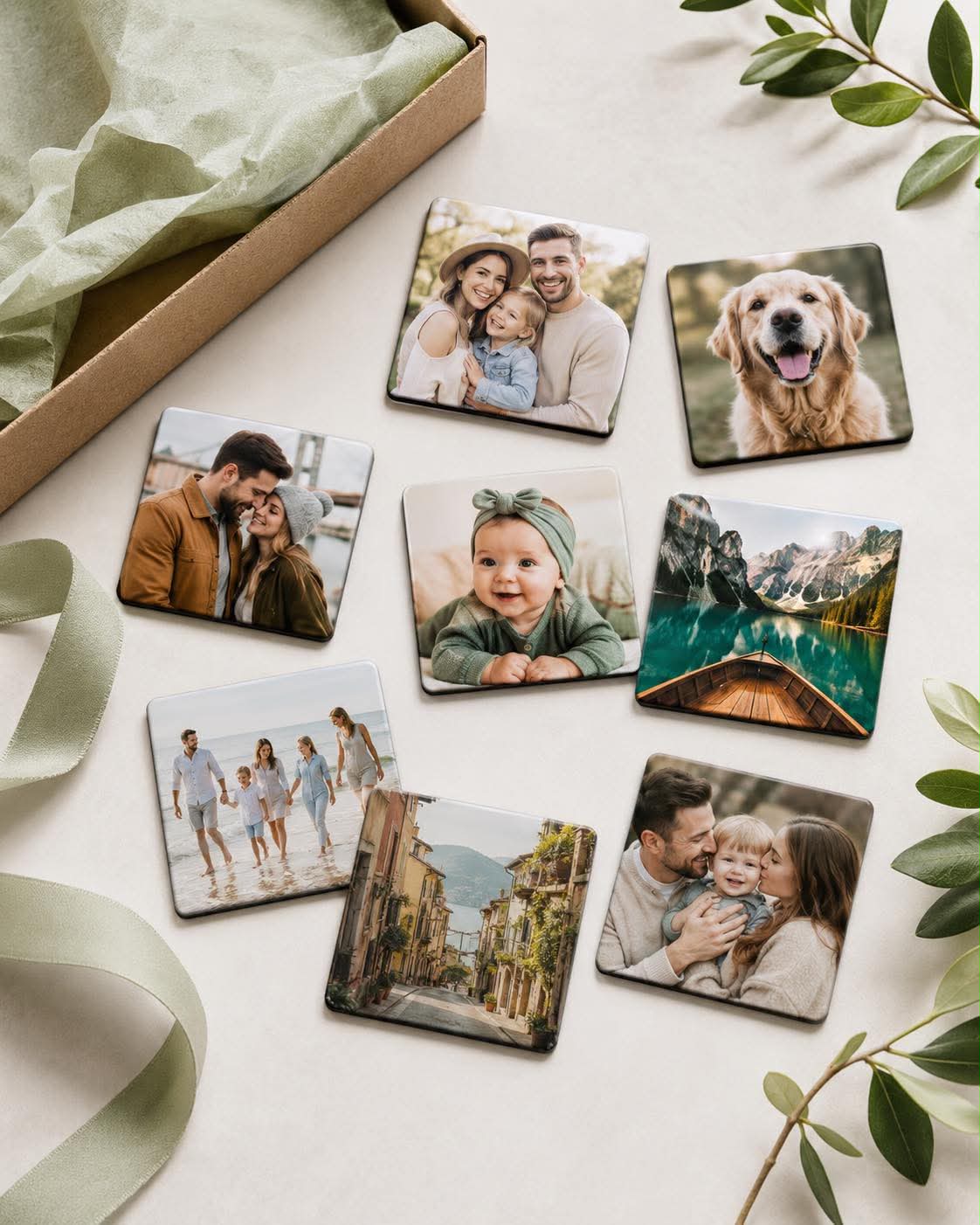 Set of custom photo fridge magnets with family, pet and travel pictures beside an open gift box