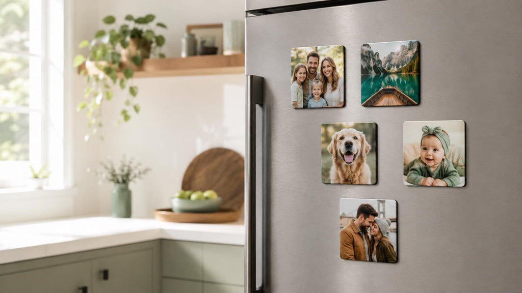 Five custom photo fridge magnets with family, pet and travel pictures on a stainless steel fridge