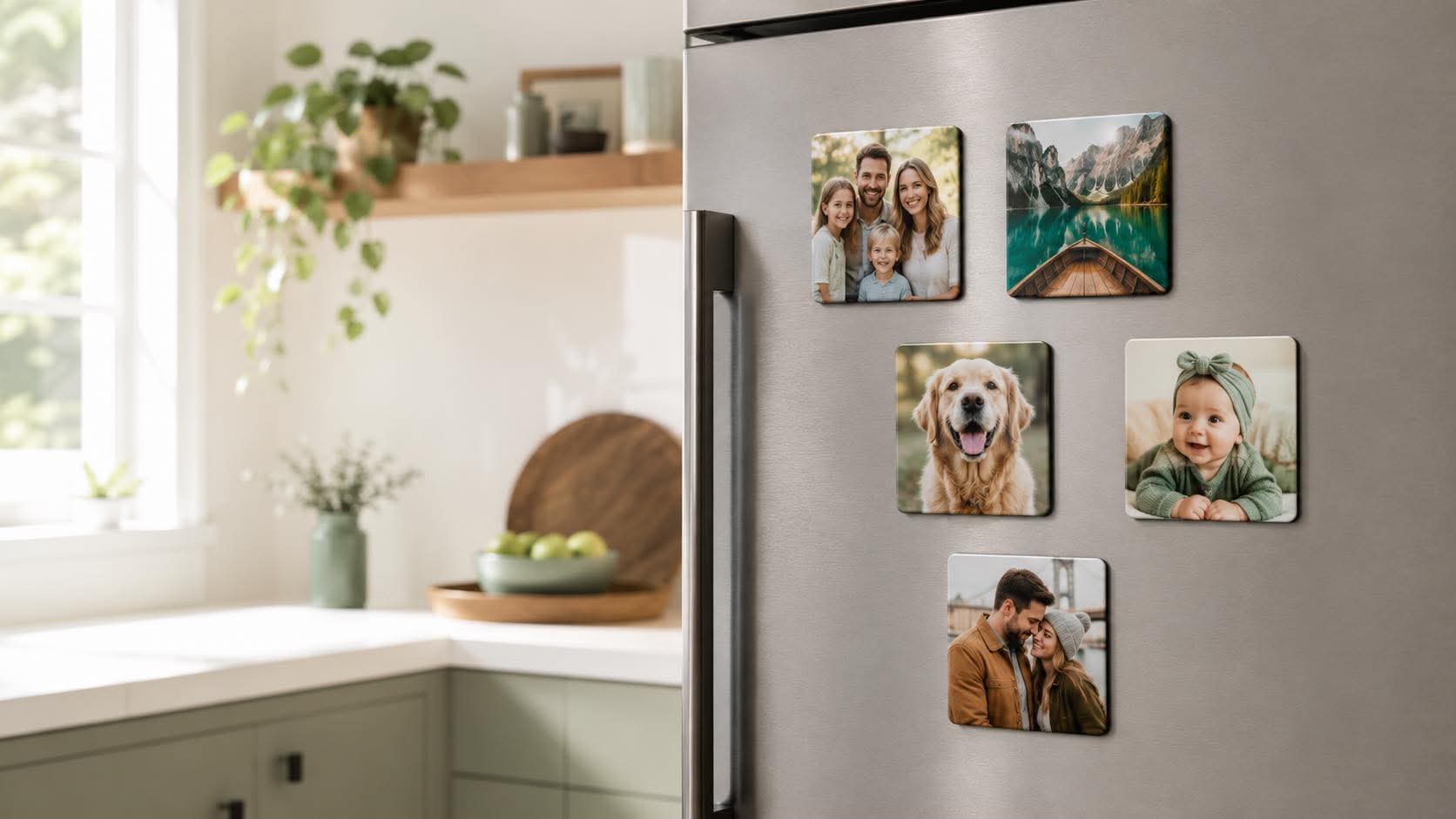 Five custom photo fridge magnets with family, pet and travel pictures on a stainless steel fridge