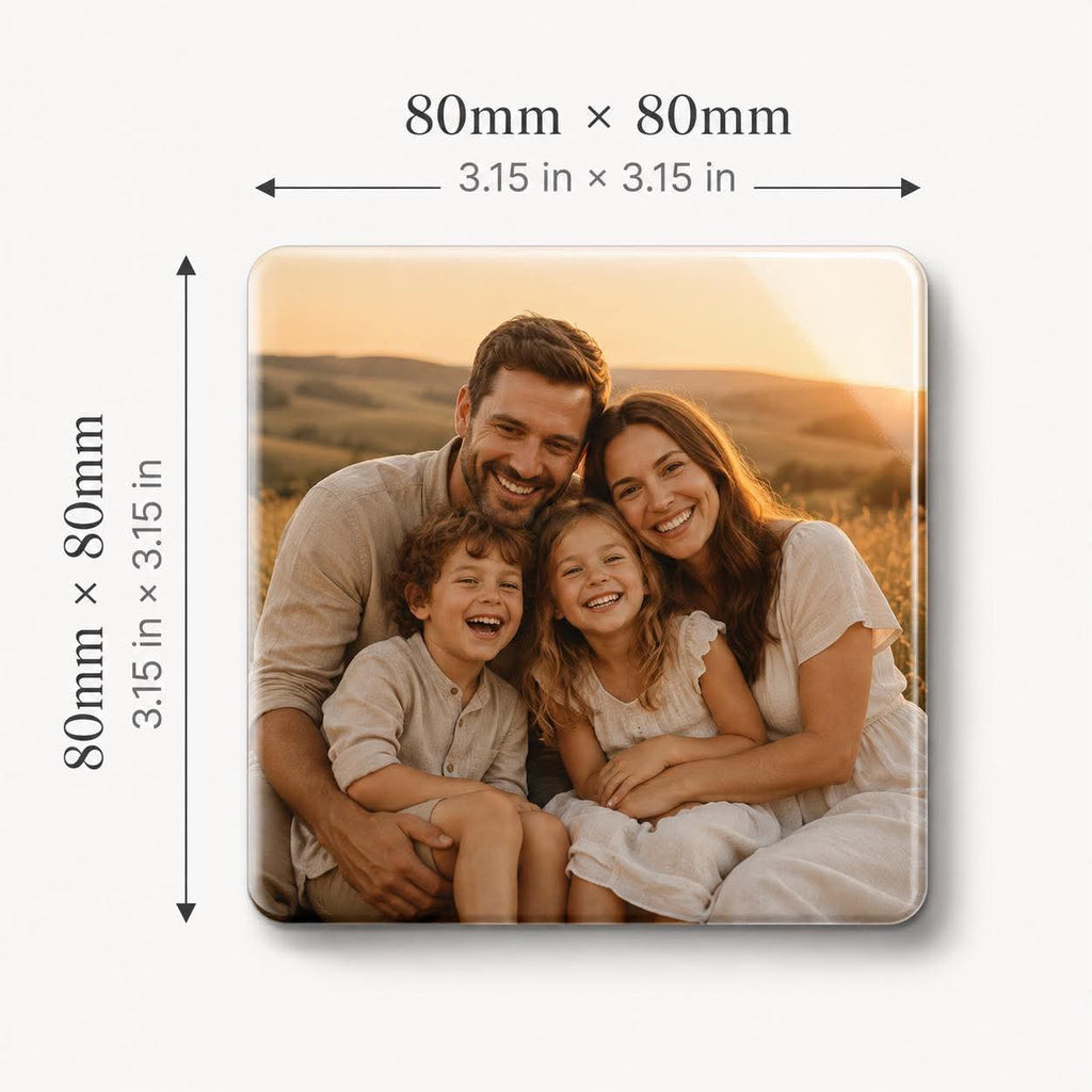Size guide for the 80 x 80 mm (3.15 x 3.15 inch) custom photo fridge magnet
