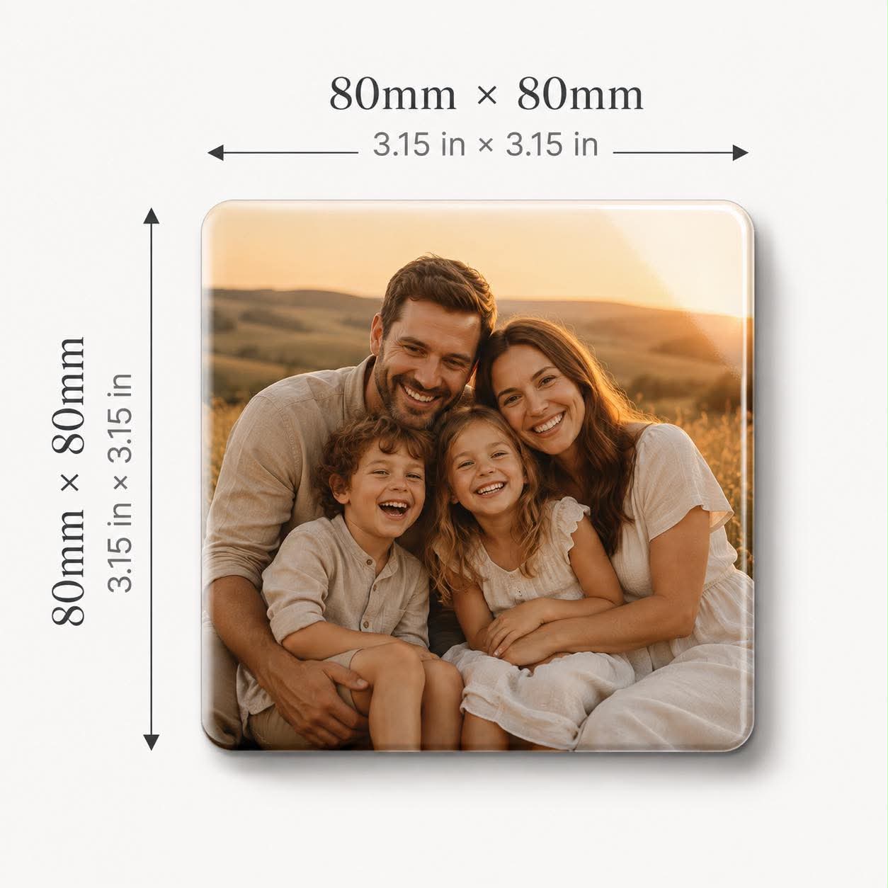 Size guide for the 80 x 80 mm (3.15 x 3.15 inch) custom photo fridge magnet