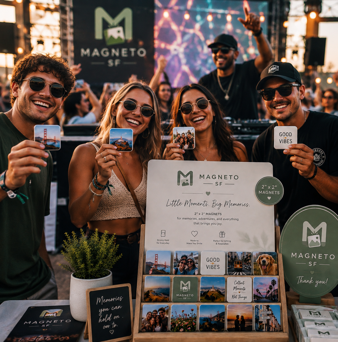 Four people holding custom photo fridge magnets at the Magneto SF market booth, beside a display table of printed magnets.