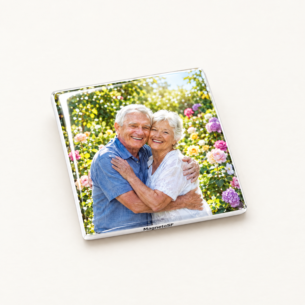 Custom family photo fridge magnet of a couple in a garden by MagnetoSF