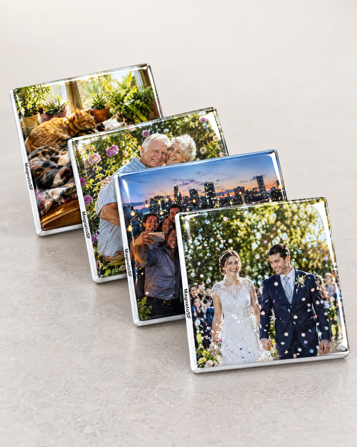 Four MagnetoSF custom photo magnets fanned out, showing the thick glossy acrylic finish