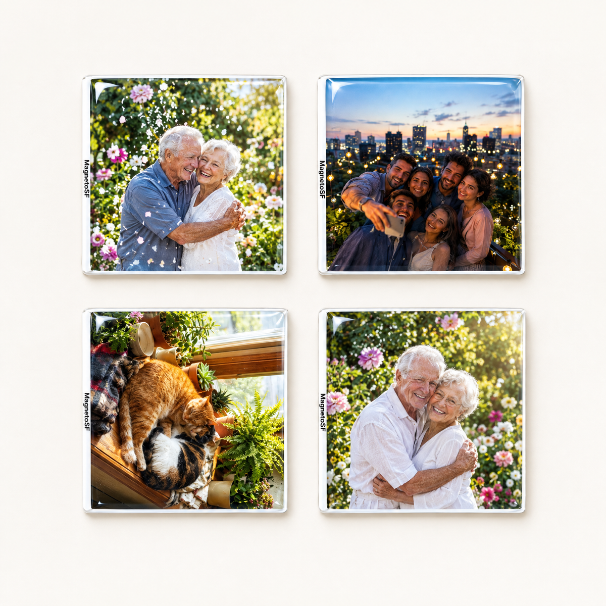 Set of four MagnetoSF custom photo fridge magnets with glossy finish, arranged in a 2x2 grid