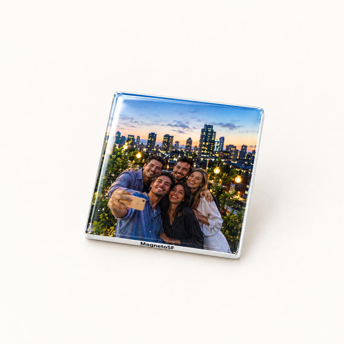 Custom photo fridge magnet of friends on a rooftop by MagnetoSF
